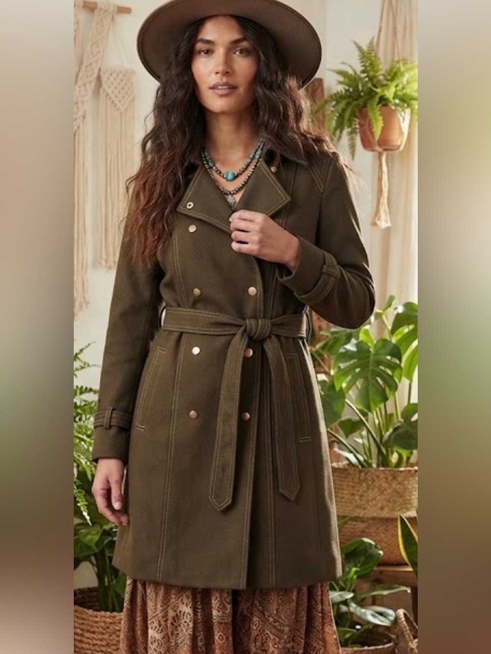 Untx Double-Breasted Trench Coat Self-Tie Belt Contrast Stitching Sz SP